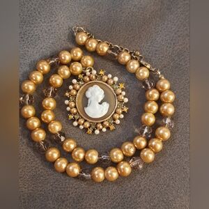 Vintage Faux Pearls Necklace Estate Cameo Pendant W Faux Pearls Stones Elegant